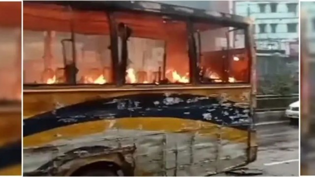 রাজধানীতে যাত্রীবাহী বাসে অগ্নিসংযোগ