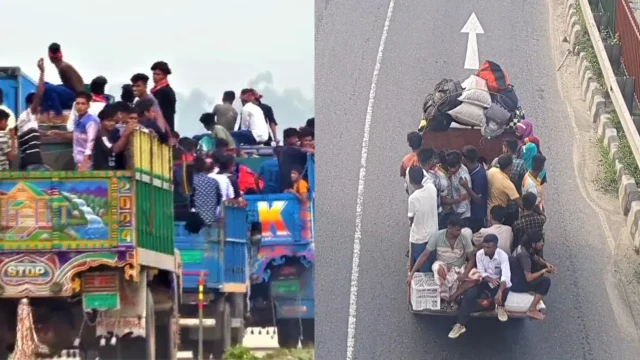 খোলা ট্রাক-পিকআপে ঝুঁকি নিয়ে বাড়ি ফিরছে মানুষ