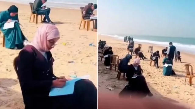 স্কুল-কলেজ ধ্বংস, গাজায় সমুদ্রতীরে বসে পরীক্ষা দিচ্ছে শিক্ষার্থীরা